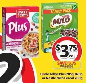 Coles Uncle Toby's Plus 705g-820g or Nestlé Milo Cereal 700g offer