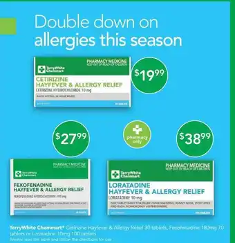 Terry White Terrywhite chemmart cetirizine hayfever & allergy relief, fexofenadine tablet or loratadine tablets offer
