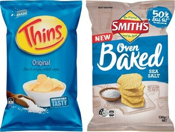 IGA Thins, Doritos, Smith's Oven Baked Chips 130-175g or Assorted Multipack 5-6 Pack Selected Varieties offer