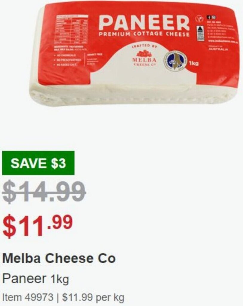 Melba Cheese Co Paneer 1Kg offer at Costco