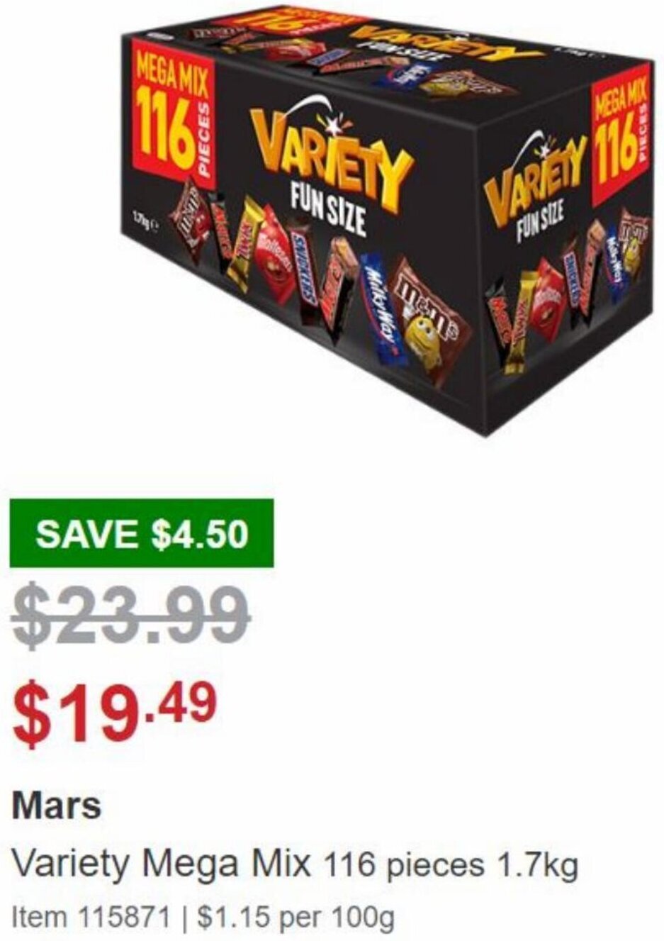 Mars Variety Mega Mix 116 Pieces 1.7Kg offer at Costco