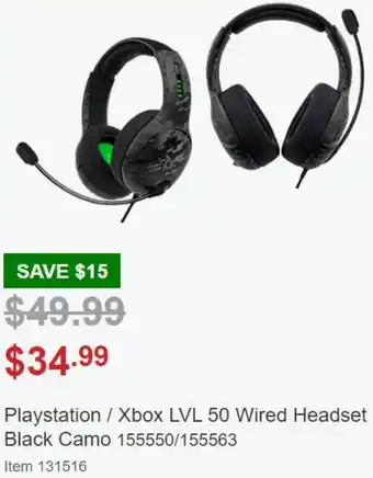 Costco Playstation/Xbox LVL 50 Wired Headset Black Camo 155550/155563 offer