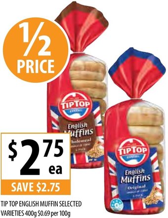 Supabarn Tip Top English Muffin Selected Varieties 400g offer