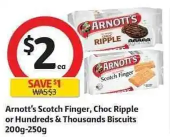 Coles Arnott's Scotch Finger, Choc Ripple or Hundreds & Thousands Biscuits 200g-250g offer