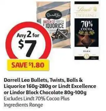 Coles Darell Lea Bullets, Twists, Balls & Liquorice 160g-280g or Lindt Excellence or Lindor Block Chocolate 80g-100g offer