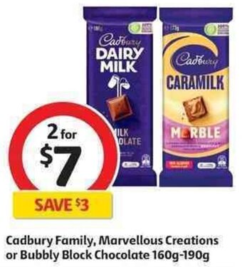 Coles Cadbury Family, Marvellous Creations or Bubbly Block Chocolate 160g-190g offer