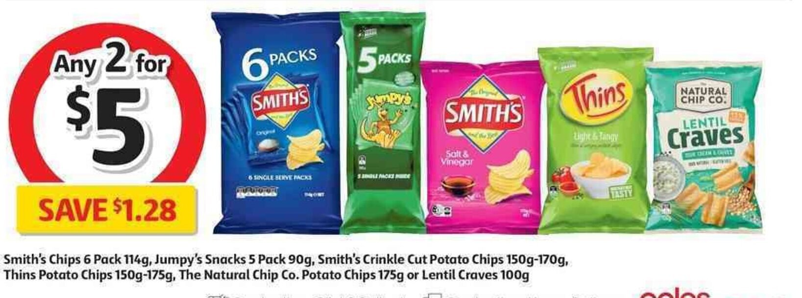 Smith's Chips 6 Pack 114g, Jumpy's Snacks 5 Pack 90g, Smith's Crinkle
