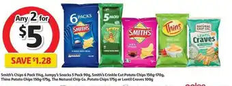 Coles Smith's Chips 6 Pack 114g, Jumpy's Snacks 5 Pack 90g, Smith's Crinkle Cut Potato Chips 150g-170g, Thin Potato Chips 150g-175g offer