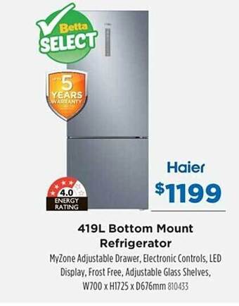 Betta Haier 419l bottom mount refrigerator offer