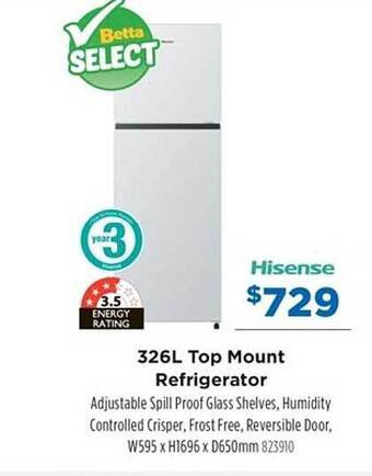 Betta Hisense 326l top mount refrigerator offer