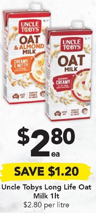 Drakes Uncle Tobys Long Life Oat Milk 1lt offer
