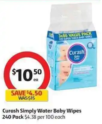 Coles Currash Simply Water Baby Wipes 240 Pack offer