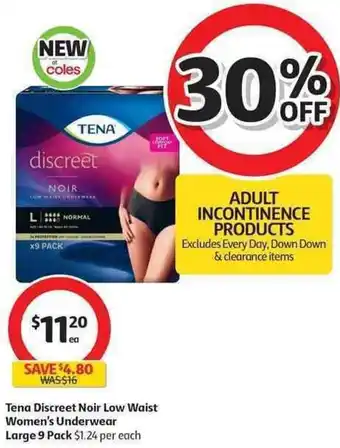 Coles Tena Discreet Noir Low Waist Women's Underwear Large 9 Pack offer