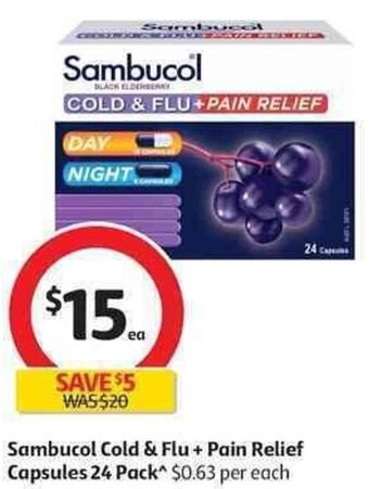 Sambucol Cold & Flu + Pain Relief Capsules 24 Pack