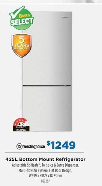 Betta Westinghouse 425l bottom mount refrigerator offer