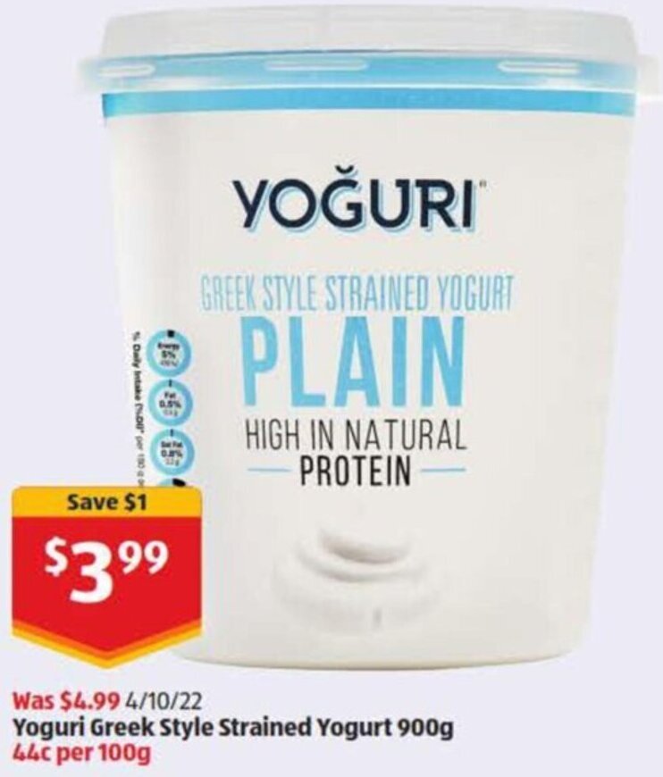 Yoguri Greek Style Strained Yogurt 900 g offer at ALDI