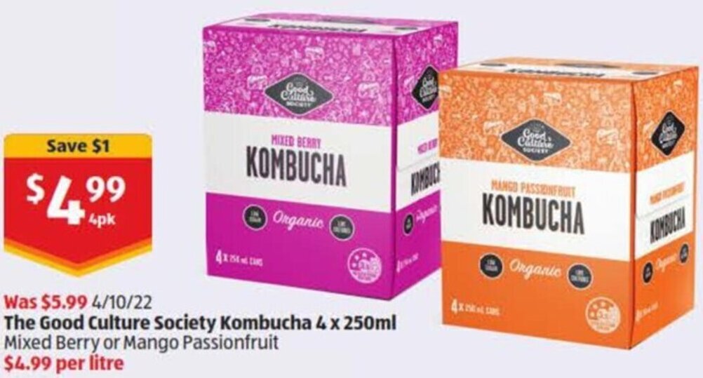 The Good Culture Society Kombucha 4 x 250 ml offer at ALDI