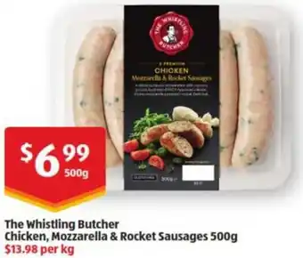 ALDI The Whistling Butcher Chicken, Mozzarella & Rocket Sausage 500 g offer