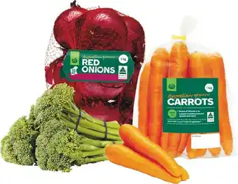 Woolworths Australian Carrots 1 kg Pack + Red Onions 1 kg Pack + Broccolini Bunch offer