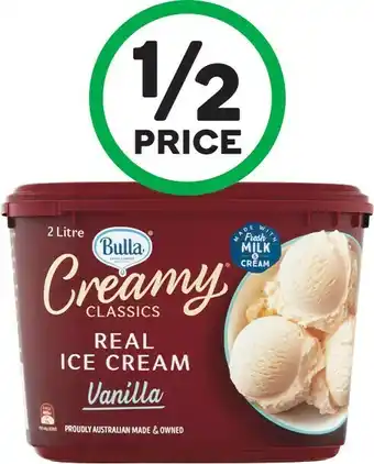 Woolworths Bulla Creamy Classics Ice Cream 2 Litre or Bulla Creamy Classics Sandwiches 560ml Pk 4 u2013 From the Freezer offer