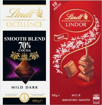 Coles Lindt Excellence or Lindor Block Chocolate 80g-100g offer