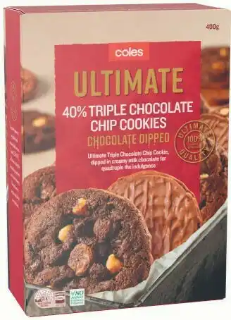 Coles Coles Ultimate 40% Chocolate Chip Choc Dipped Cookies 400g offer