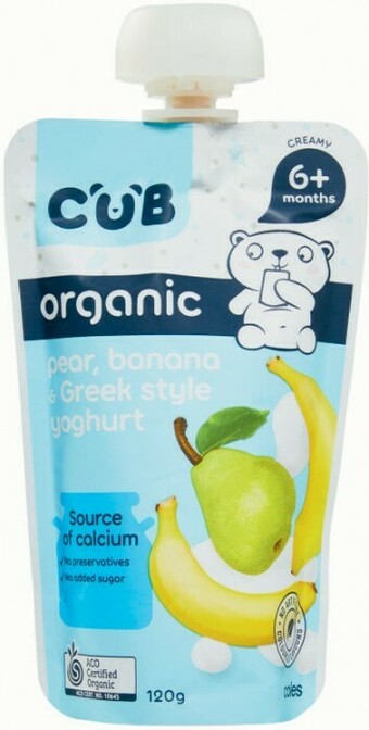 Coles CUB Organic Pear, Banana and Greek Style Yoghurt 6m+ 120g offer