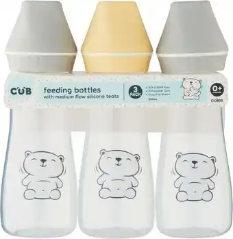 Coles CUB Feeding Bottles with Medium Flow Silicone Teats 0m+ 3 Pack offer