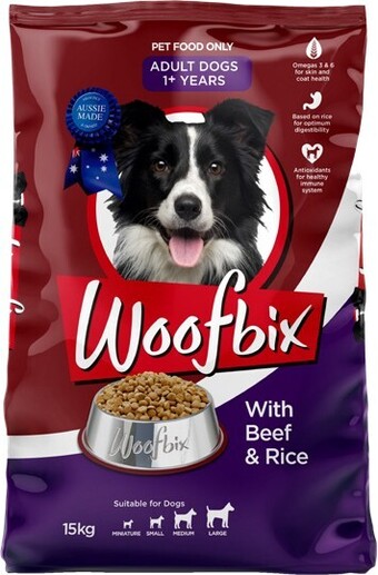 BIG W Woofbix beef & rice dry dog food 15kg offer