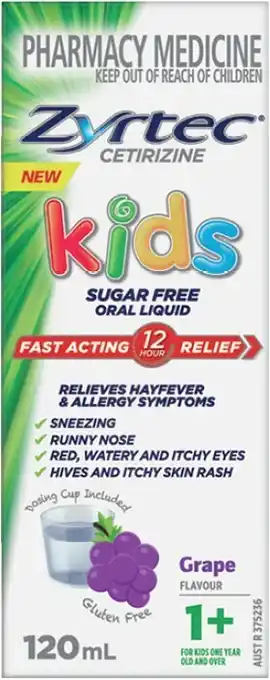 Zyrtec kids 1+ years oral liquid grape flavour 120ml