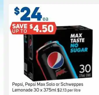 Foodland Pepsi, pepsi max solo or schweppes lemonade 30 x 375ml offer