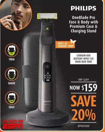 Shaver Shop Philips oneblade pro face & body with premium case & charging stand offer