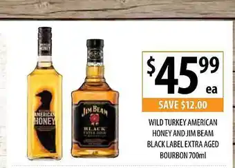 Supabarn Wild turkey american honey and jim beam black label extra aged bourbon offer