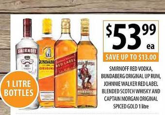 Supabarn Smirnoff red vodka, bundaberg original up rum, johnnie walker red label blended scotch whisky and captain morgan original spi offer