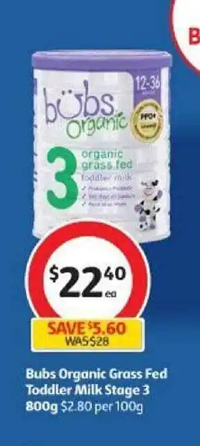 Coles Bubs organic grass fed toddler milk stage 3 offer