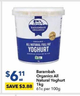 Ritchies Barambah organics all natural yoghurt 1kg offer