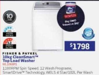 Fischer & paykel 10kg cleansmart top load washer