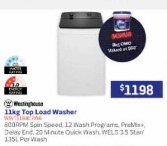 Retravision Westinghouse 11kg top load washer offer