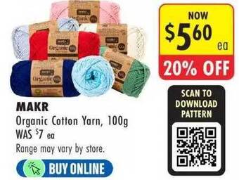 Lincraft Makr organic cotton yarn 100g offer