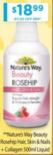 Chemist Warehouse Nature's Way Beauty Rosehip Hair, Skin & Nails + Collagen 500ml Liquid offer