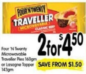 Spar Four 'N Twenty Microwavable Traveller Pies 160gm Or Lasagne Tapper 143gm offer