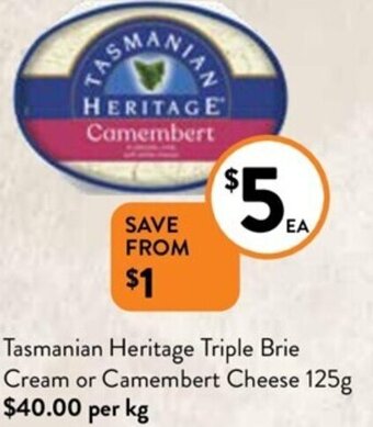 Foodworks Tasmanian Heritage Triple Brie Cream Or Camembert Cheese 125g offer
