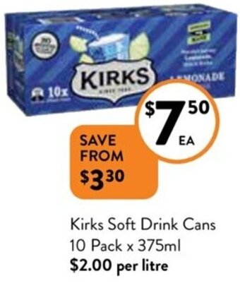 Foodworks Kirks Soft Drink Cans 10 Pack x 375ml offer