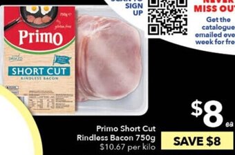 Primo Short Cut Rindless Bacon 750g
