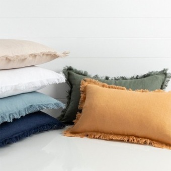 Pillow Talk Sahara linen fringed oblong cushion by m.u.s.e. offer