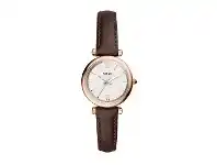 Bevilles Jewellery Fossil Carlie Mini Three-Hand Brown Leather Watch ES4472 offer