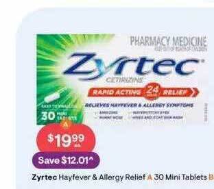 Discount Drug Stores Zyrtec hayfever & allergy relief 30 mini tablets offer