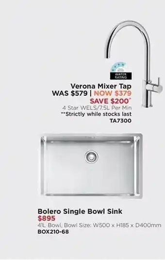 Verona mixer tap bolero single bowl sink