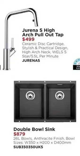 Jurena s high arch pull out tap double bowl sink