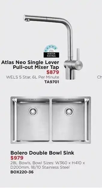 Bing Lee Atlas neo single lever pull-out mixer tap bolero double bowl sink offer